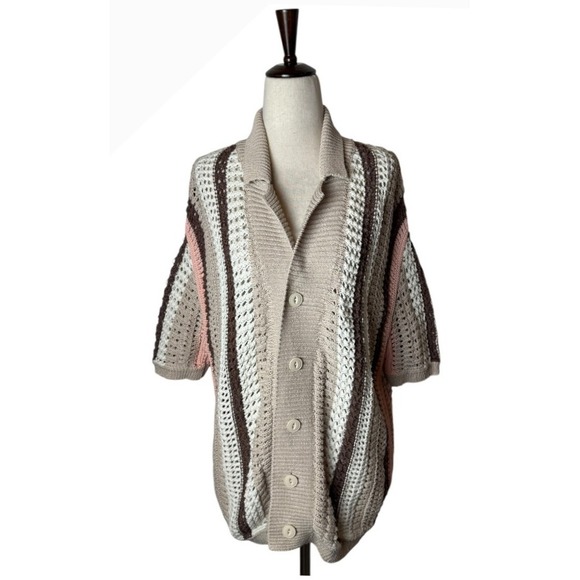 BDG Sweater Men Medium Tan Pink Striped Button Down Short Sleeve Knit Polo Retro - Picture 2 of 10